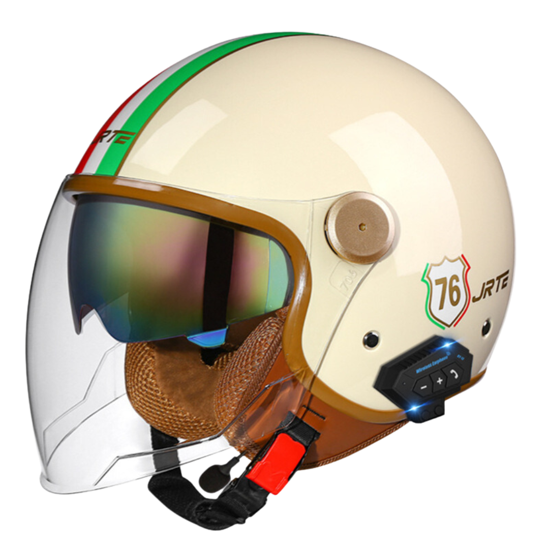 RetroRide Smart Bluetooth Open-Face Motorcycle Helmet with Dual Sun Visors