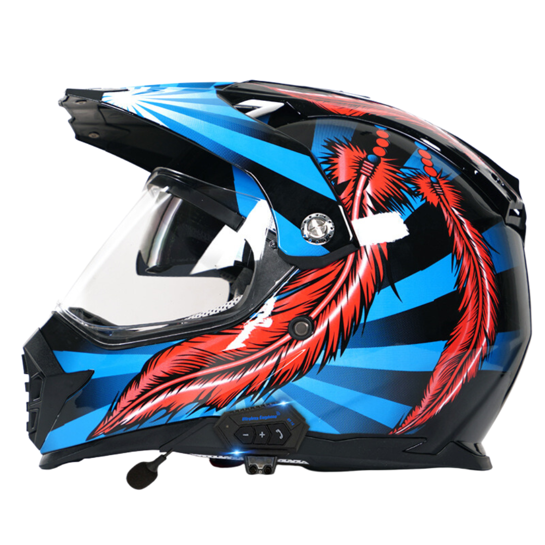 Rampart S1 Motocross Helmet with Bluetooth Headset Chief Feathers Clear Visor M