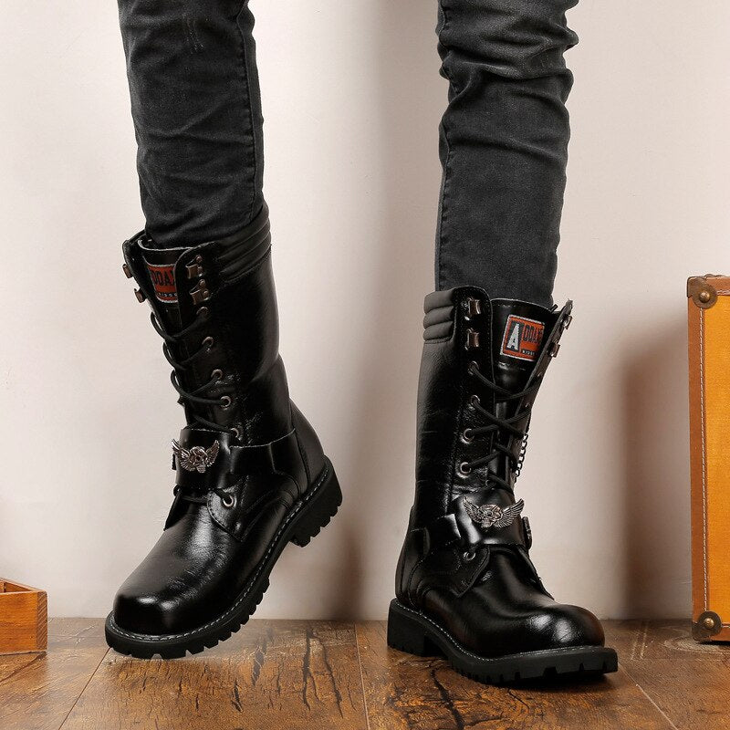 Men Vintage PU Leather Boots Retro Motorcycle Shoes Ankle Lace Up Boots  British Military Boots