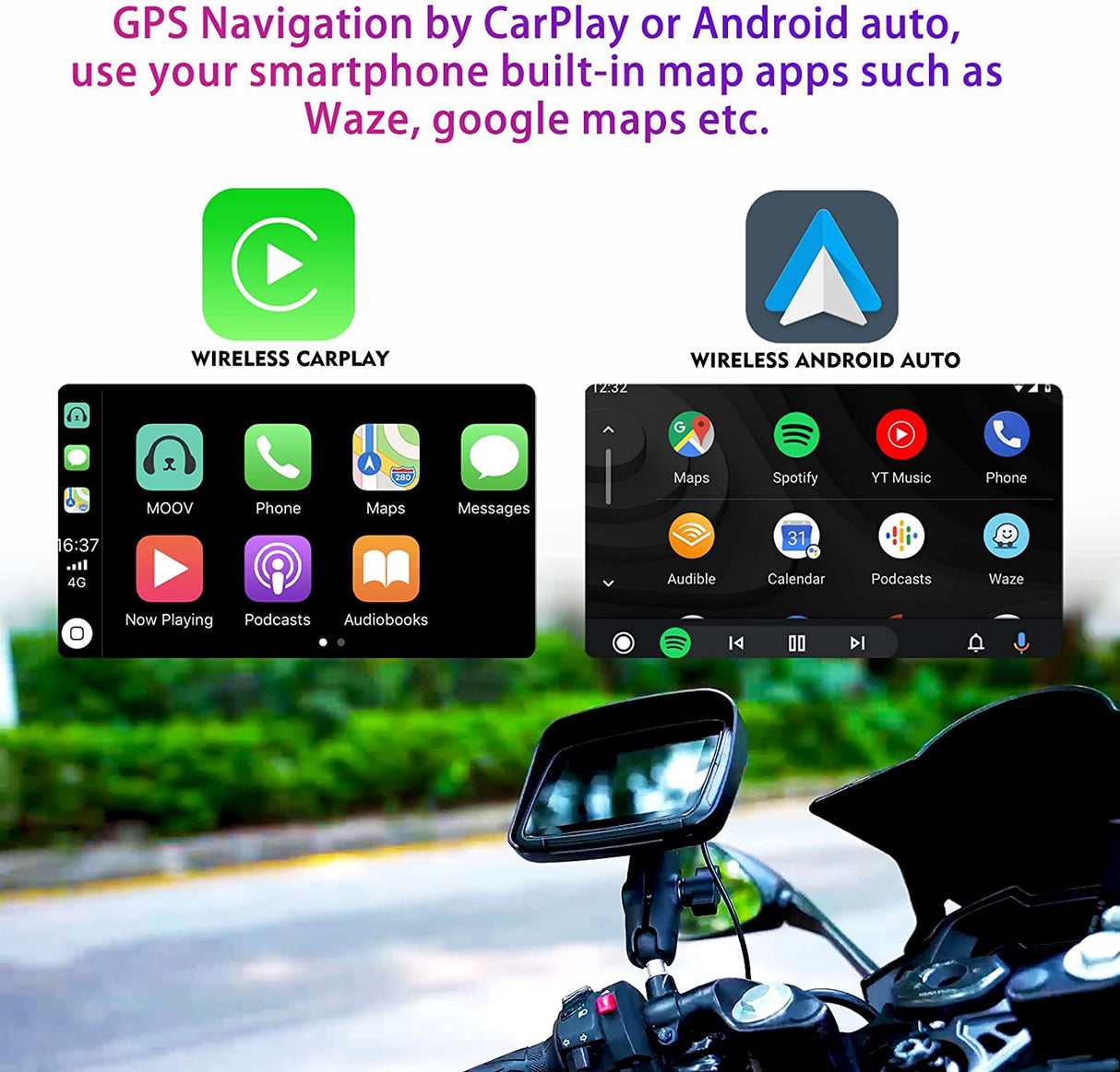  Wireless Apple Carplay Motorcycle Android Auto, 5'' IPS Touch  Screen for Motorcycle GPS Navigator, IPX7 Waterproof, Dual Bluetooth,  Siri/Google Assistant, TF/USB Input, Portable Carplay Motorcycle :  Electronics