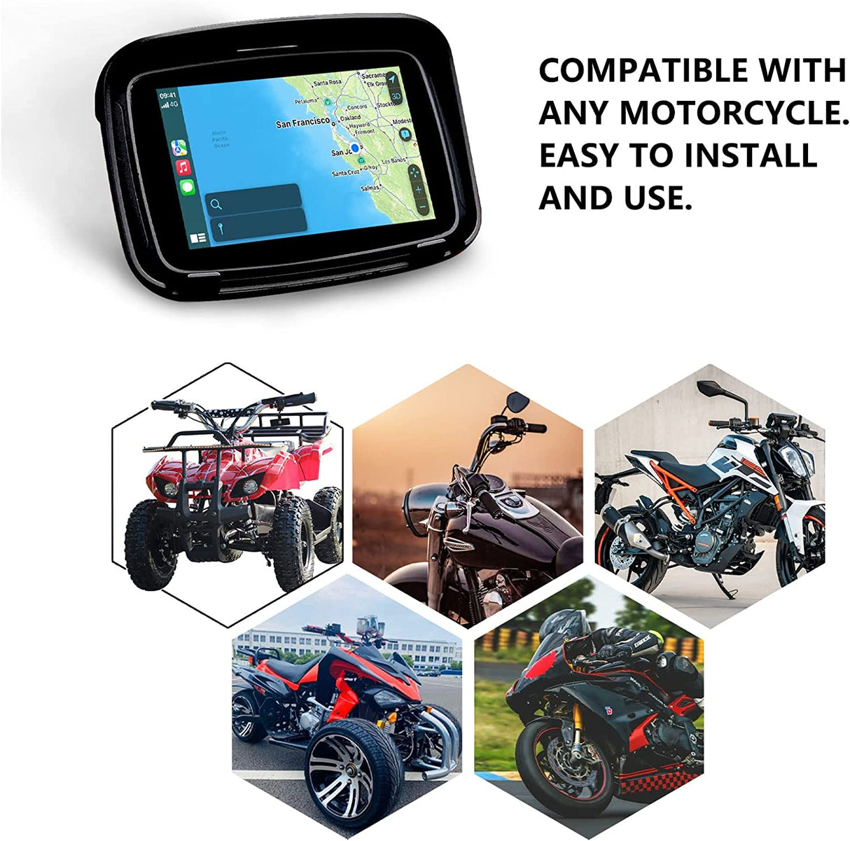 Road Top Portable Wireless Apple Carplay/Wireless Android Auto Touchscreen  for Motorcycle, 5 IPS Touch Screen, IPX7 Waterproof, GPS Navigation via