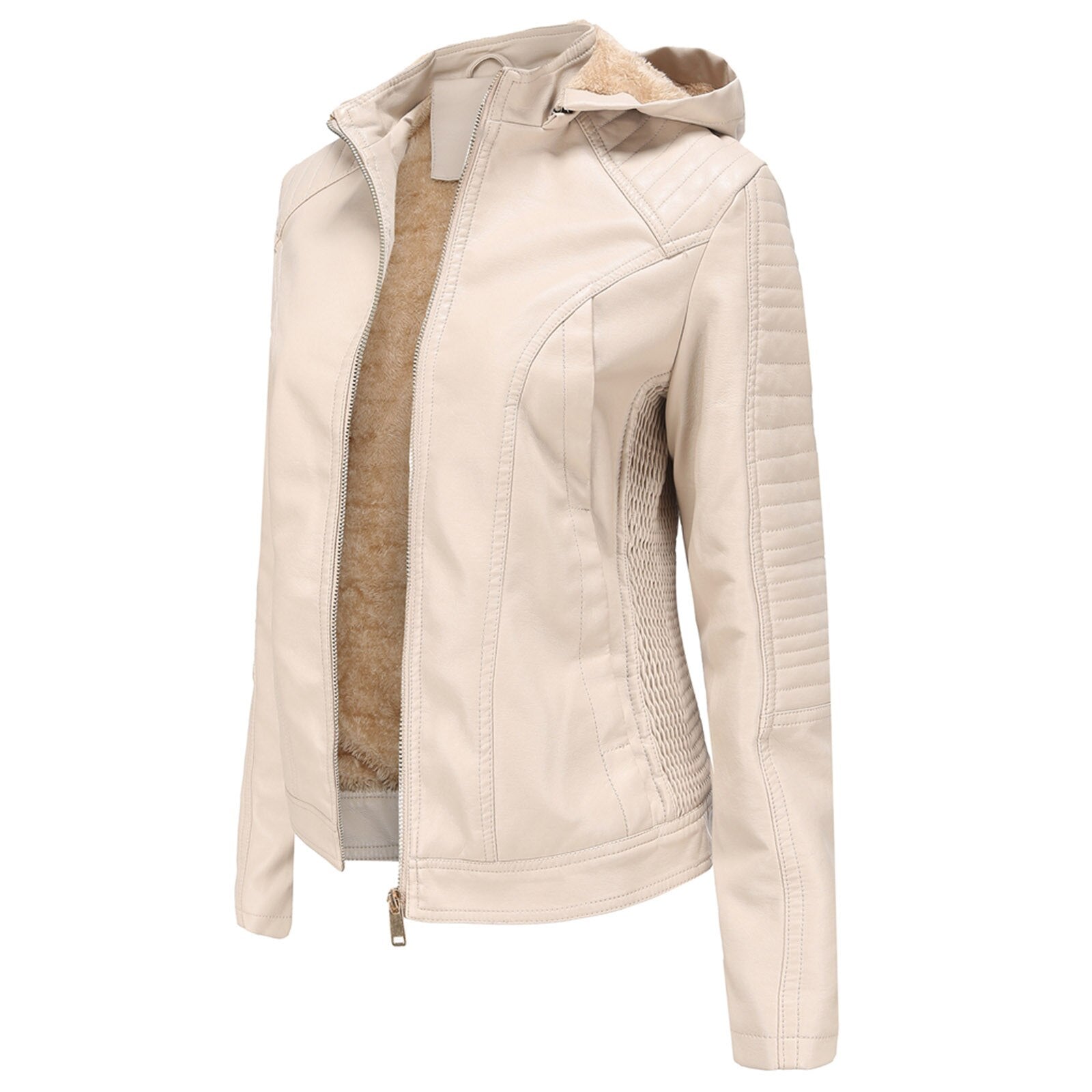 Womens leather jacket with removable online hood